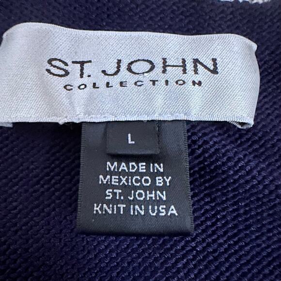 St. John Navy Blue Santana Knit Zip Cardigan Sweater L Metallic Trim  V-Neck - Picture 5 of 12